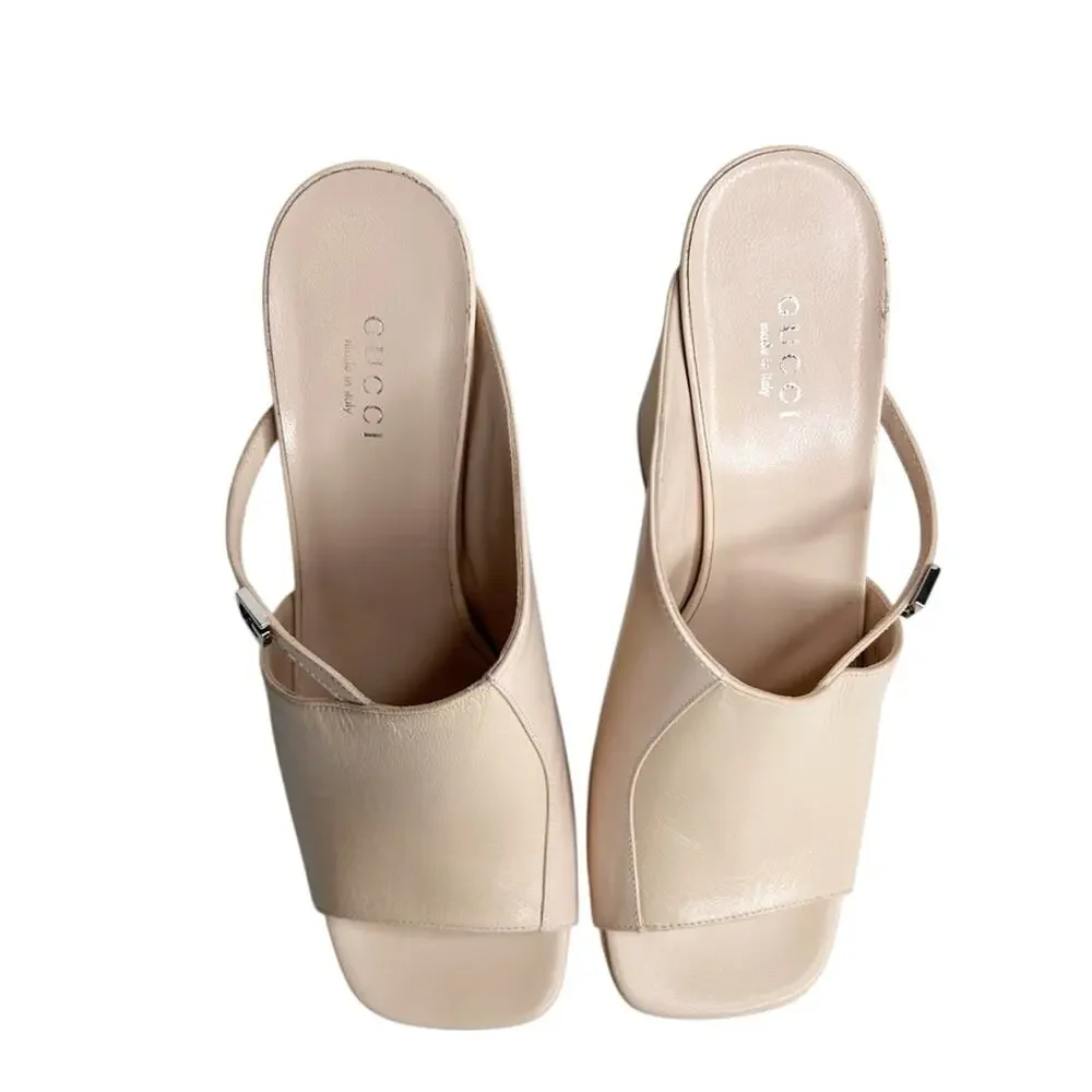 GUCCI Tiarah Block Heel Platform Open Toe Nude Mules